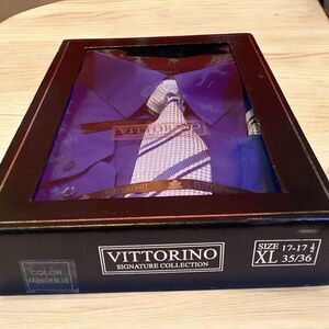 Vittorino Men’s Signature Collection French Blue Dress Shirt, Tie Size XL 17